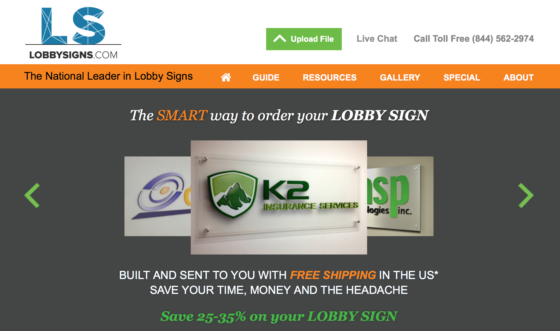 picture of lobbysigns.com website home page which allows for practicality of ordering online signs