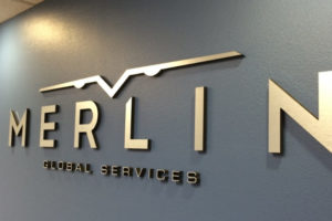 brushed aluminum letters make this lobby look amazing